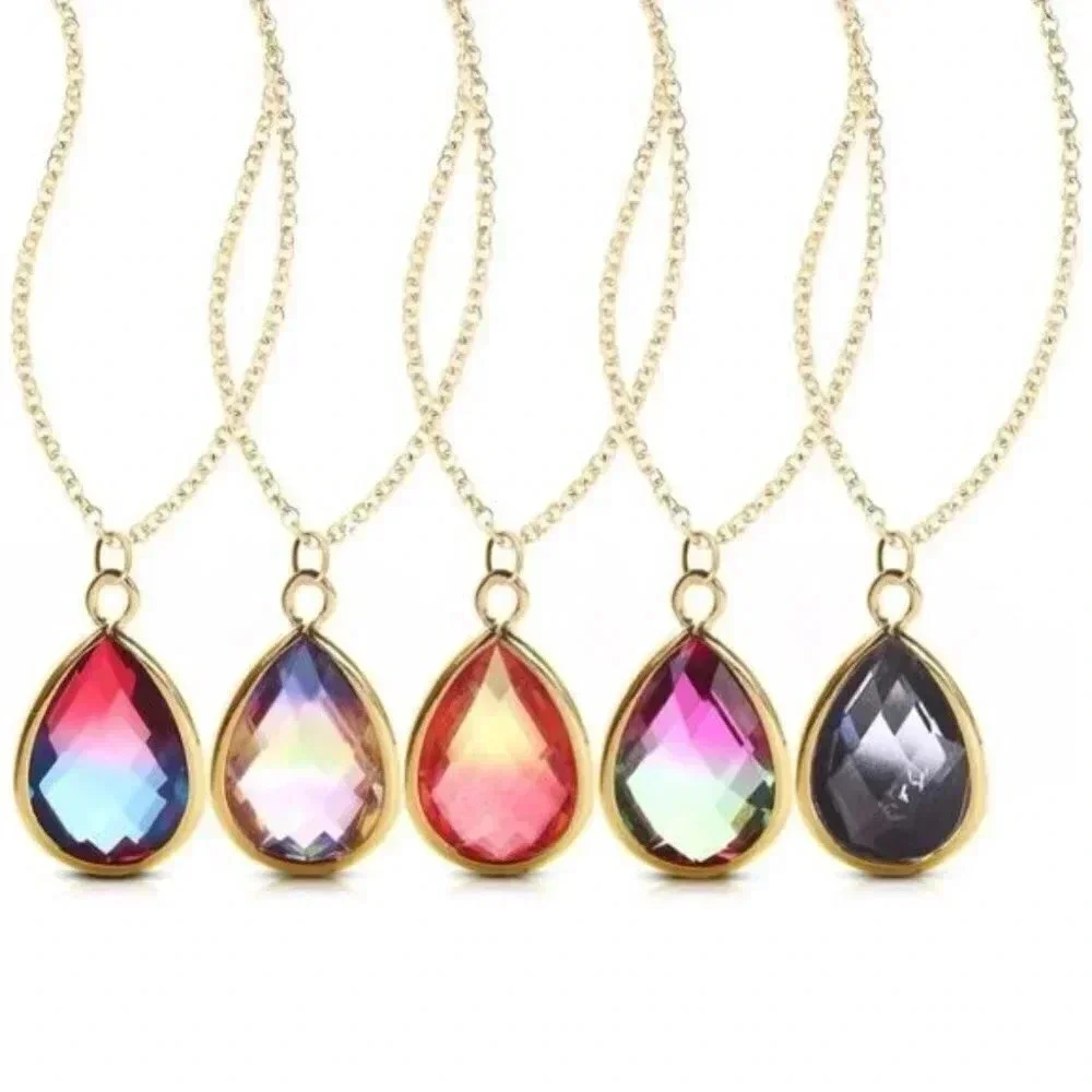 Ombre Crystal Teardrop Pendant Necklace Red Blue - Picture 4 of 4